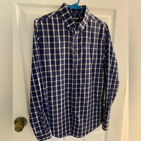 Express Men’s Performance Stretch Button Down, Size S, Navy/White Plaid - Picture 4 of 4